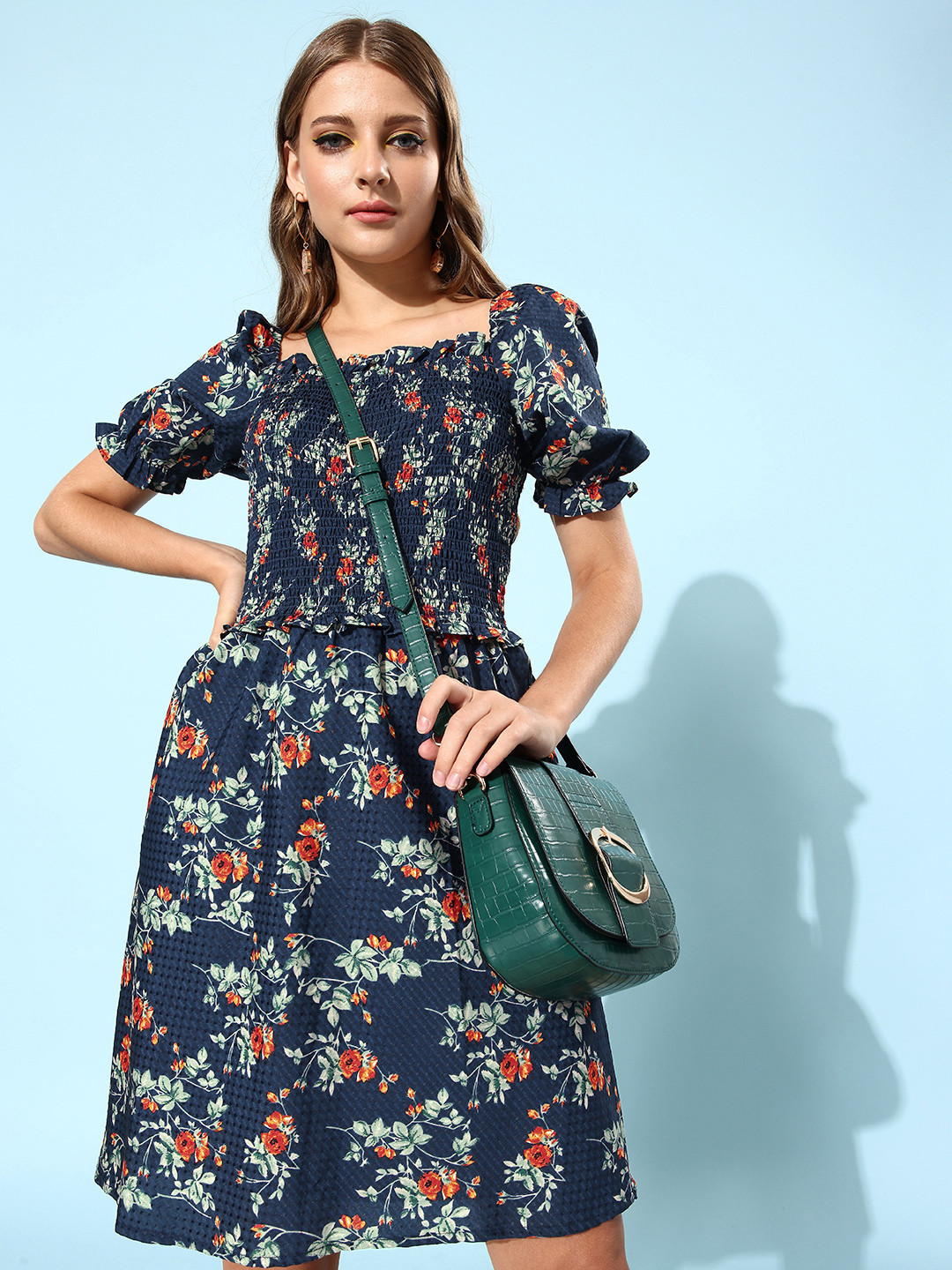 RARE Teal Blue Floral Print A-Line Dress