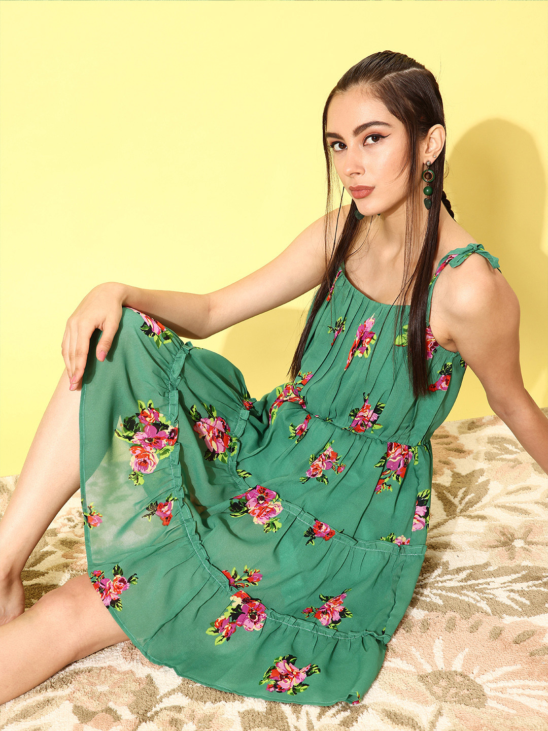 Rare Women Stylish Green Floral Mini Dress
