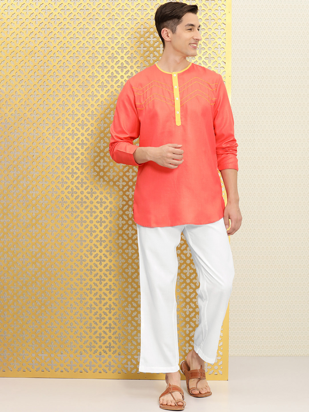 Ode by House of Pataudi Men Coral Pink & White Roazna Kurta with Trousers