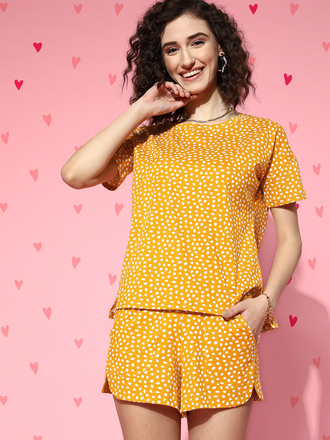 Masha Women Mustard Yellow & White Geometric Printed Pure Cotton Short Set