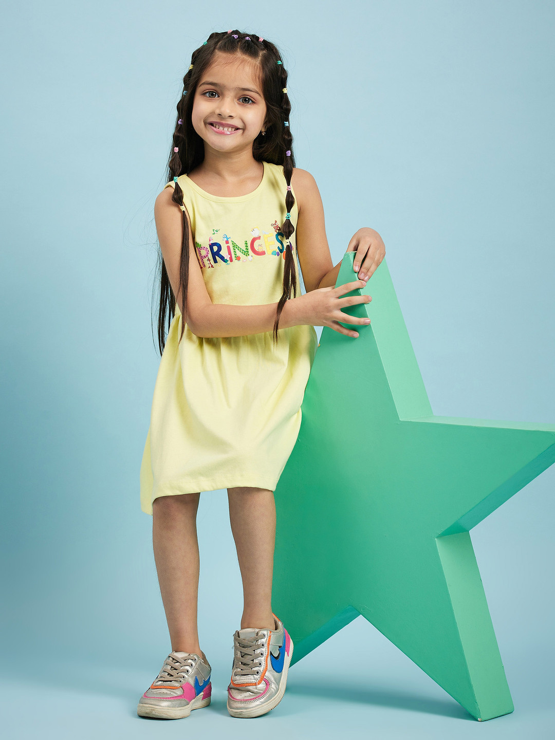 Disney by Wear Your Mind Girls Yellow Disney Princess Print Cotton Dress