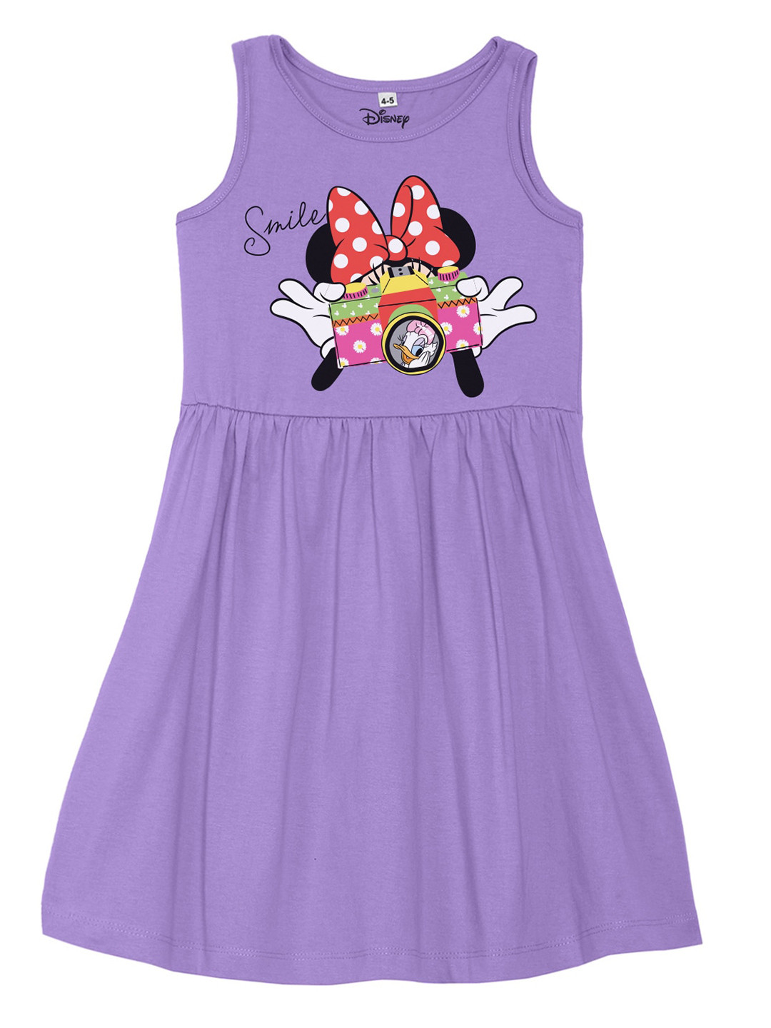 Disney by Wear Your Mind Purple & Pink Minnie Mouse Printed Round Neck Fit & Flare Dress