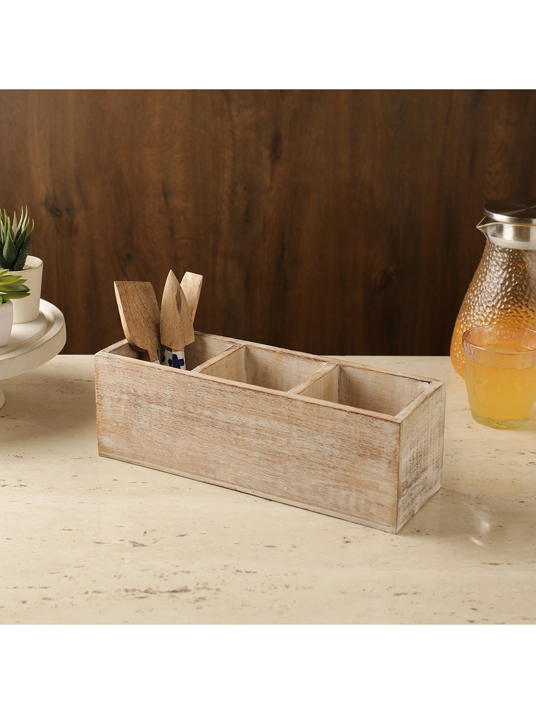 The Decor Mart Brown & White Distressed Wooden Finish Cutlery Holder