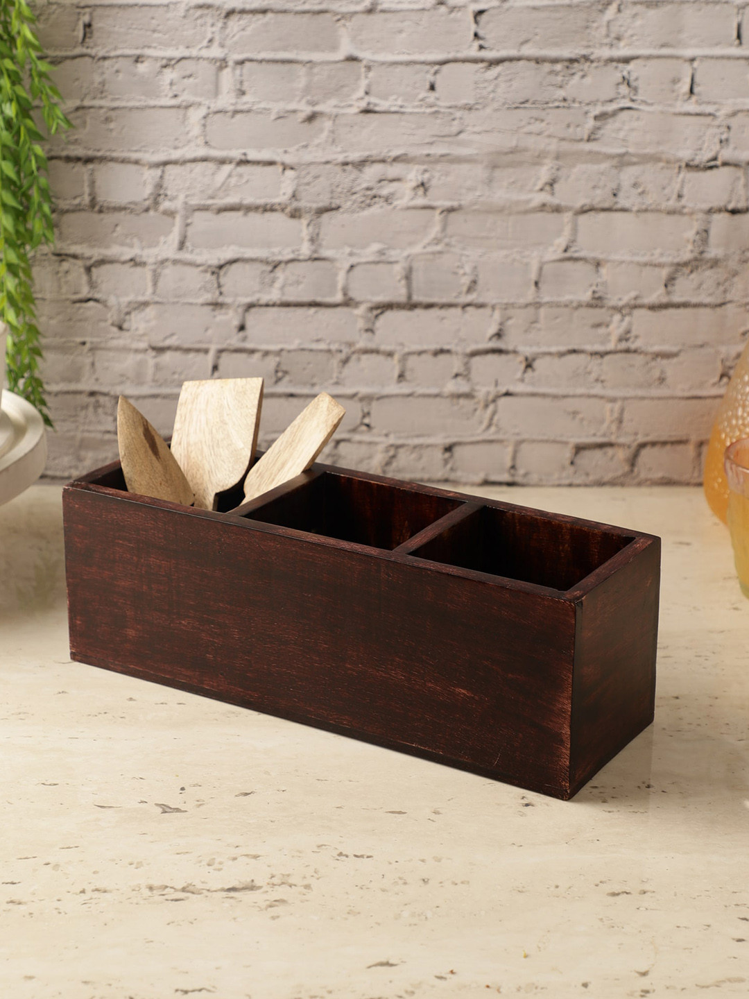 The Decor Mart Brown Wooden 3-Part Cutlery Holder