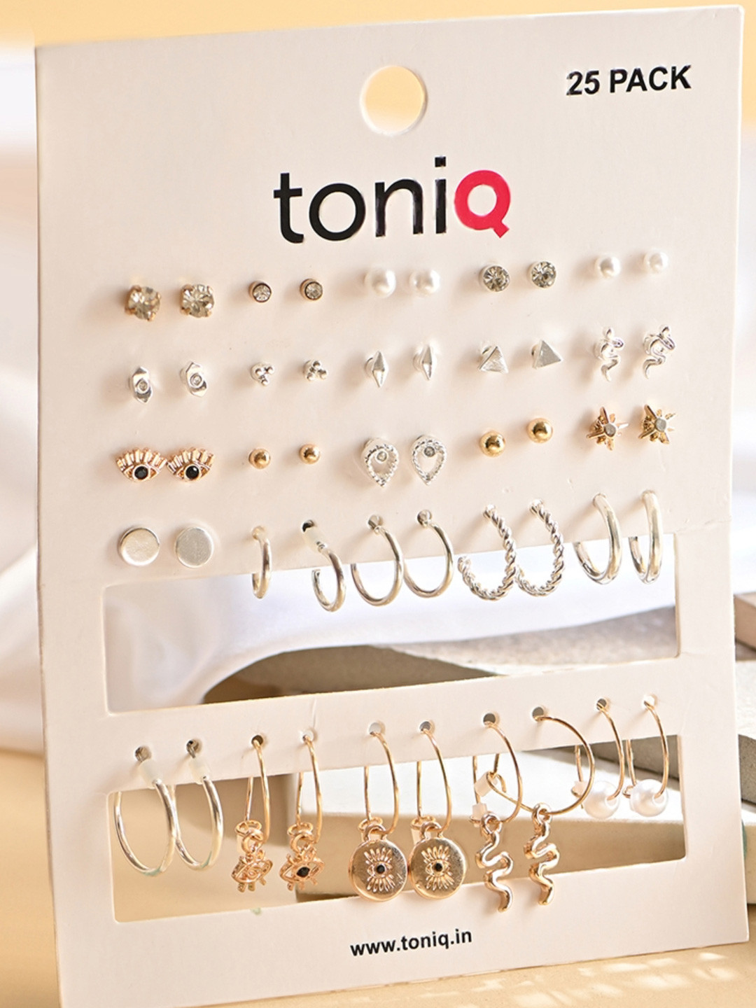 ToniQ Women Set of 25 Silver-Toned & Gold-Toned Studs Earrings