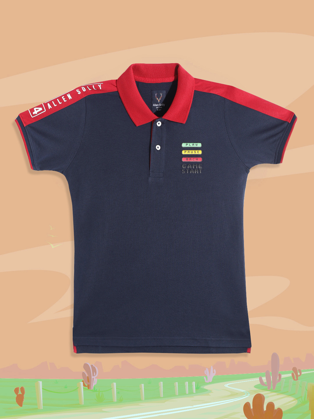 Allen Solly Junior Boys Navy Blue & Red Solid Cotton Polo Collar T-shirt