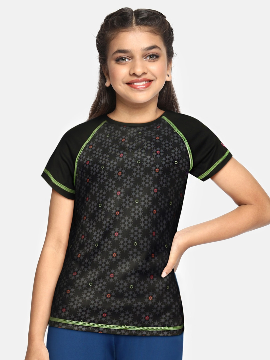 Allen Solly Junior Girls Black & Grey Geometric Printed T-shirt With Raglan Sleeves