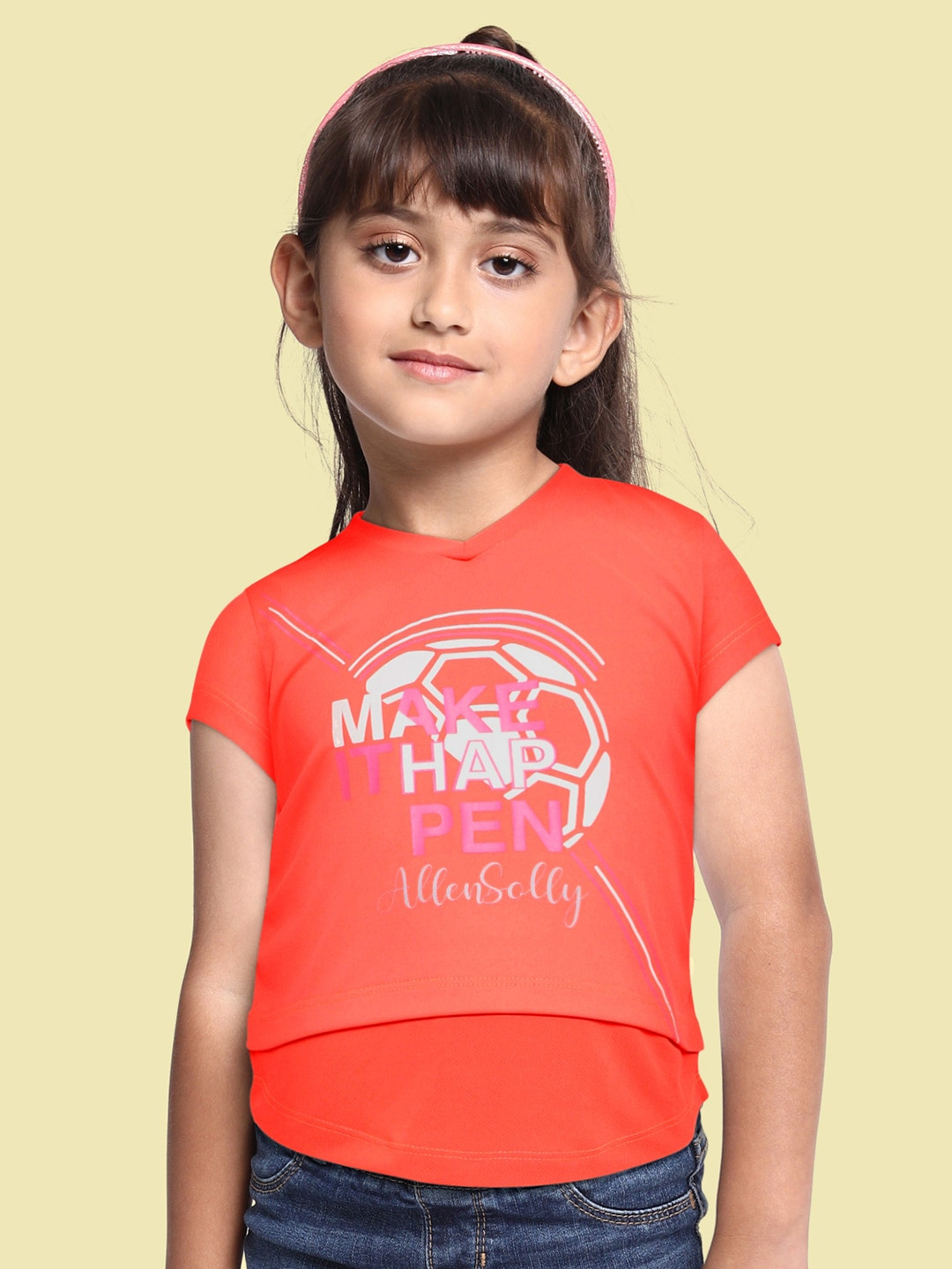 Allen Solly Junior Girls Coral Typography Printed V-Neck T-shirt