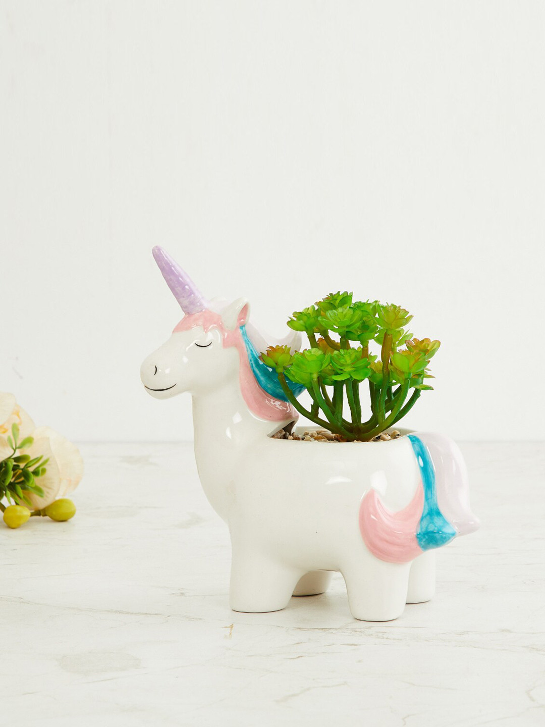 Home Centre Multicolored Garnet Elsa Unicorn Ceramic Pot with Succulent Plant