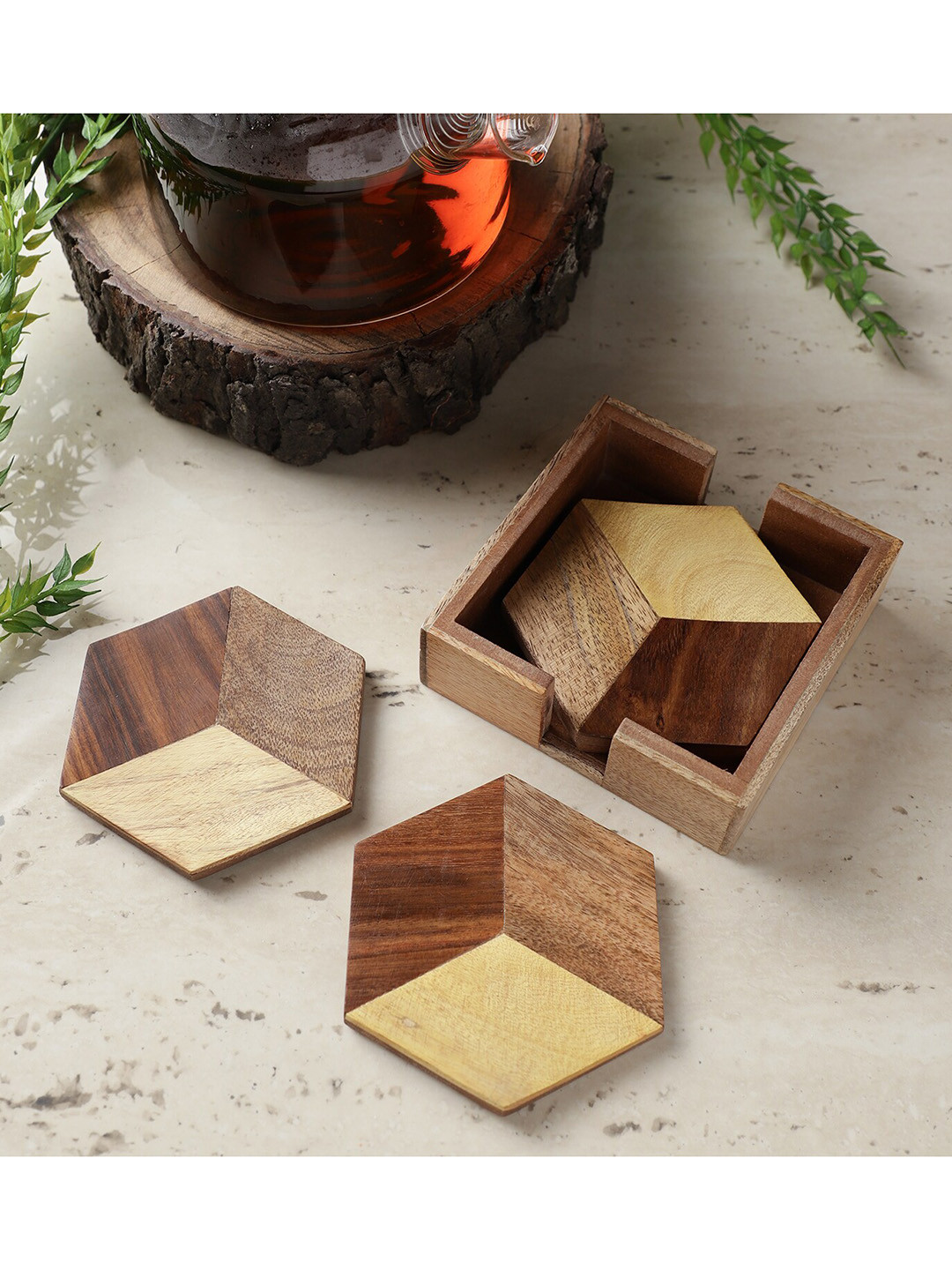 The Decor Mart Set of 3 Brown Hexagonal Wooden Coaster