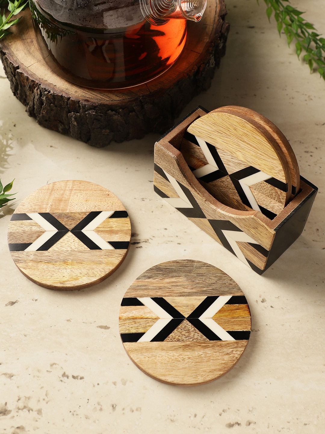The Decor Mart Set Of 4 Beige Wooden Round Coaster