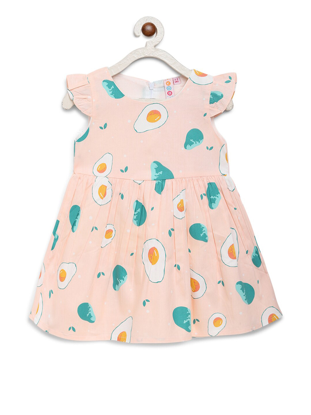 Kids On Board Peach-Coloured & Green Printed Fit & Flare Dress