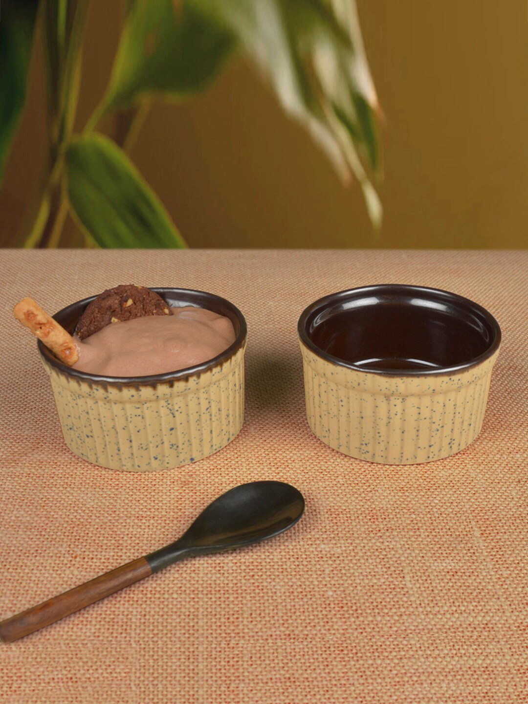 StyleMyWay Set Of 2 Beige & Brown Textured Hand Painted Dip Bowls