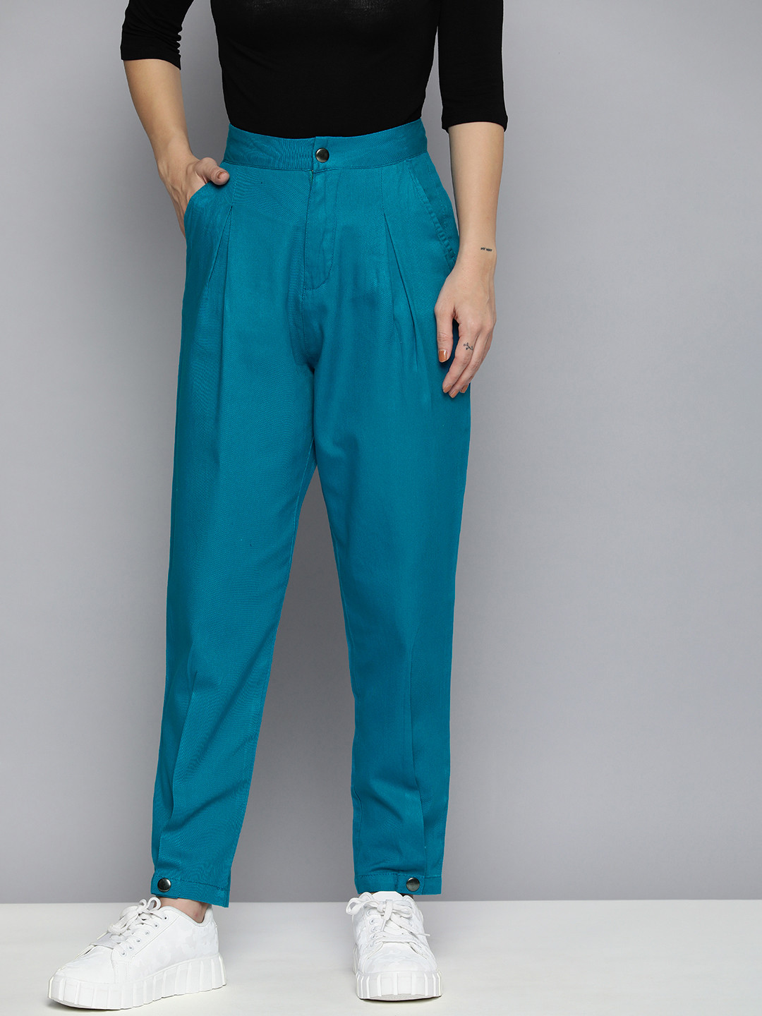 Mast & Harbour Women Teal Blue Regular Trousers