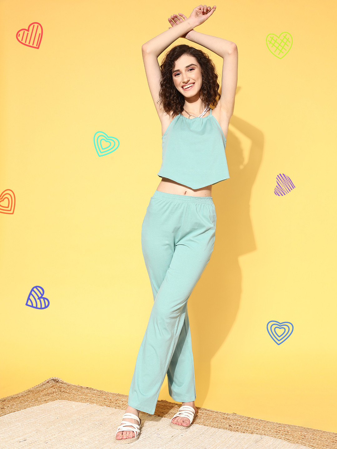 Masha Women Sage Green Solid Pure Cotton Pyjama Set