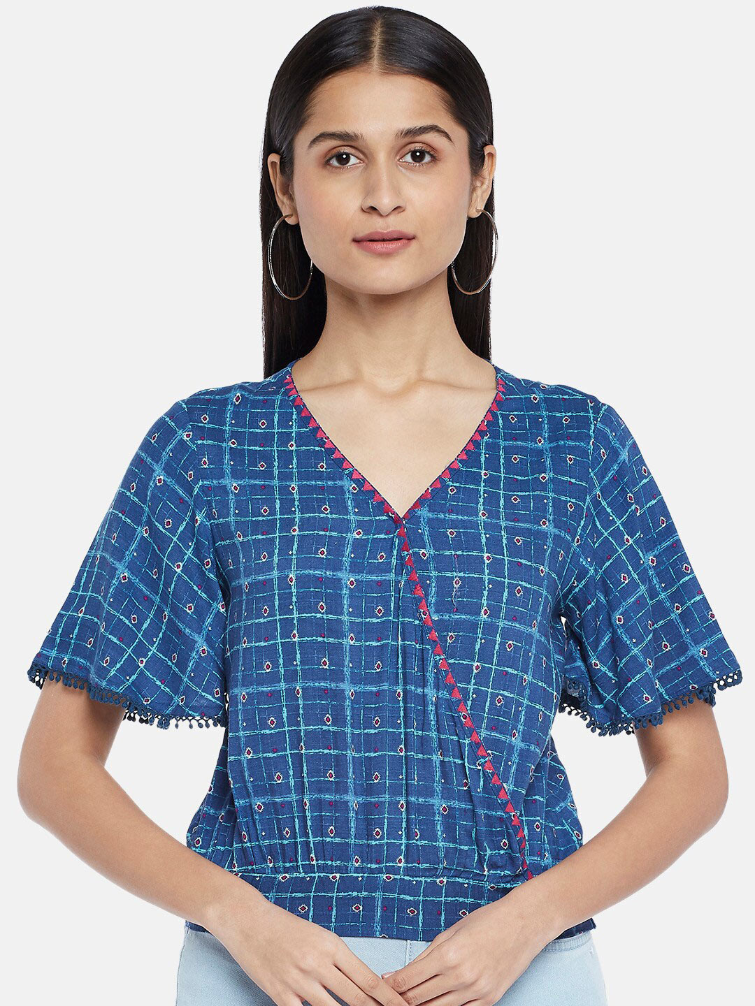 People Navy Blue Geometric Print Blouson Crop Top
