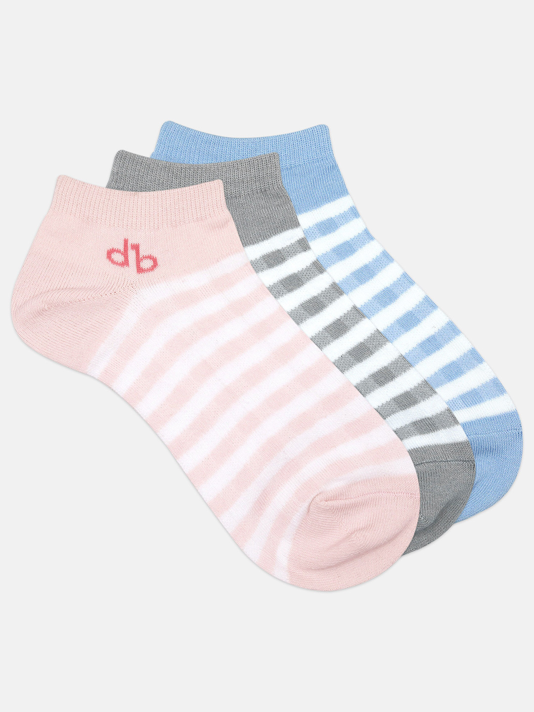 DressBerry Pack of 3 Grey & Pink Striped Cotton Ankle-Length Socks