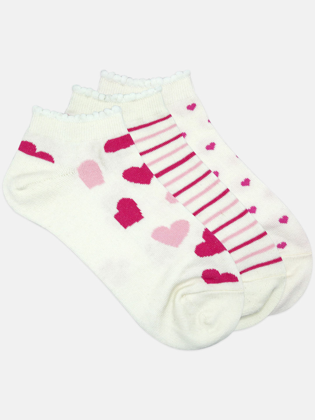 DressBerry Pack of 3 Cream-Coloured & Pink Patterned Ankle Length Socks