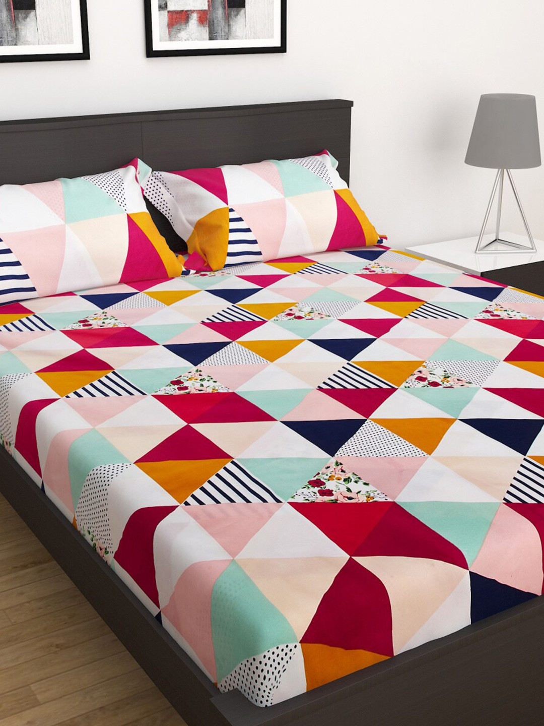 Home Centre Multicoloured Geometric Polyester 210 TC Fitted Double Bedsheet with a Pillow Cover-89 x 93 inches