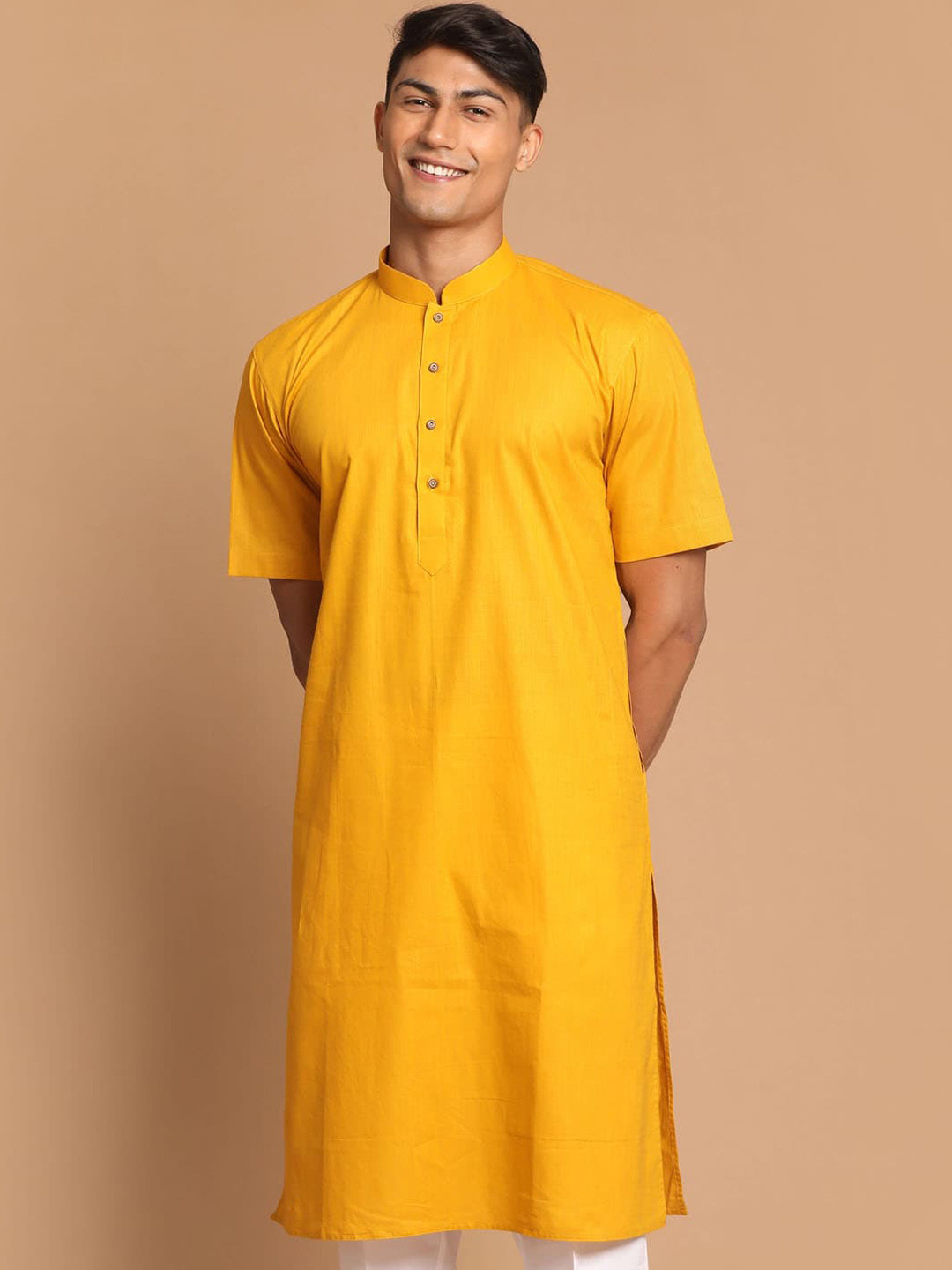 VASTRAMAY Men Mustard Yellow Cotton Linen Half Sleeves Kurta