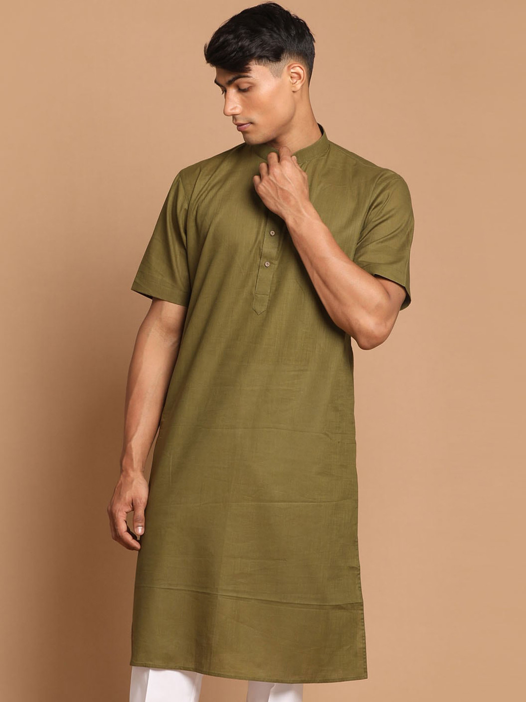 VASTRAMAY Men Olive Green Cotton Linen Half Sleeves Kurta