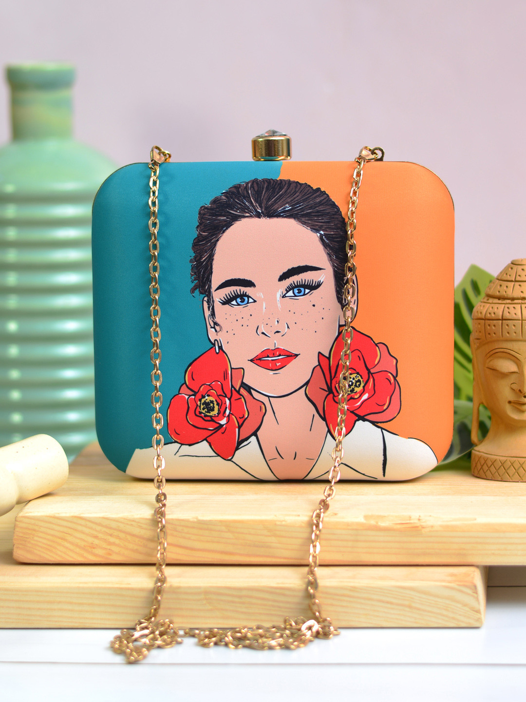 ARTKLIM Orange & Blue Printed Box Clutch