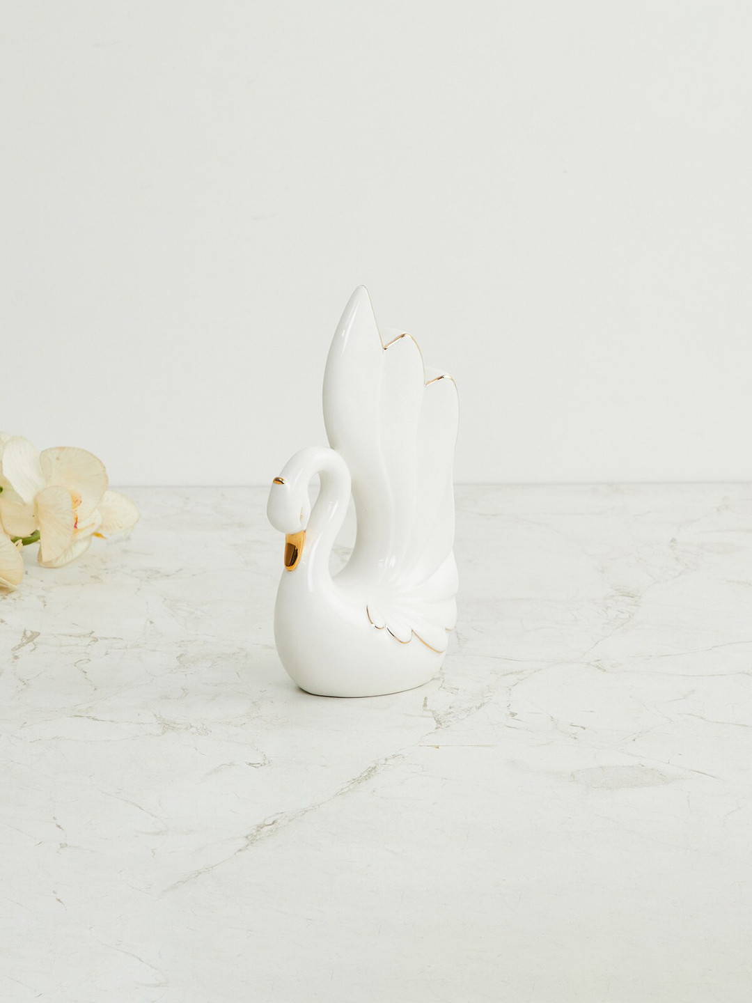 Home Centre Langford Swan Bookend White Ceramic Glossy Home Office Small Showpiece - 8.1 Inches