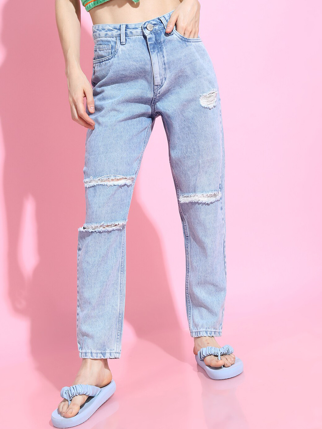 Tokyo Talkies Women Blue Straight Fit Highly Distressed Heavy Fade Crop Cotton Jeans