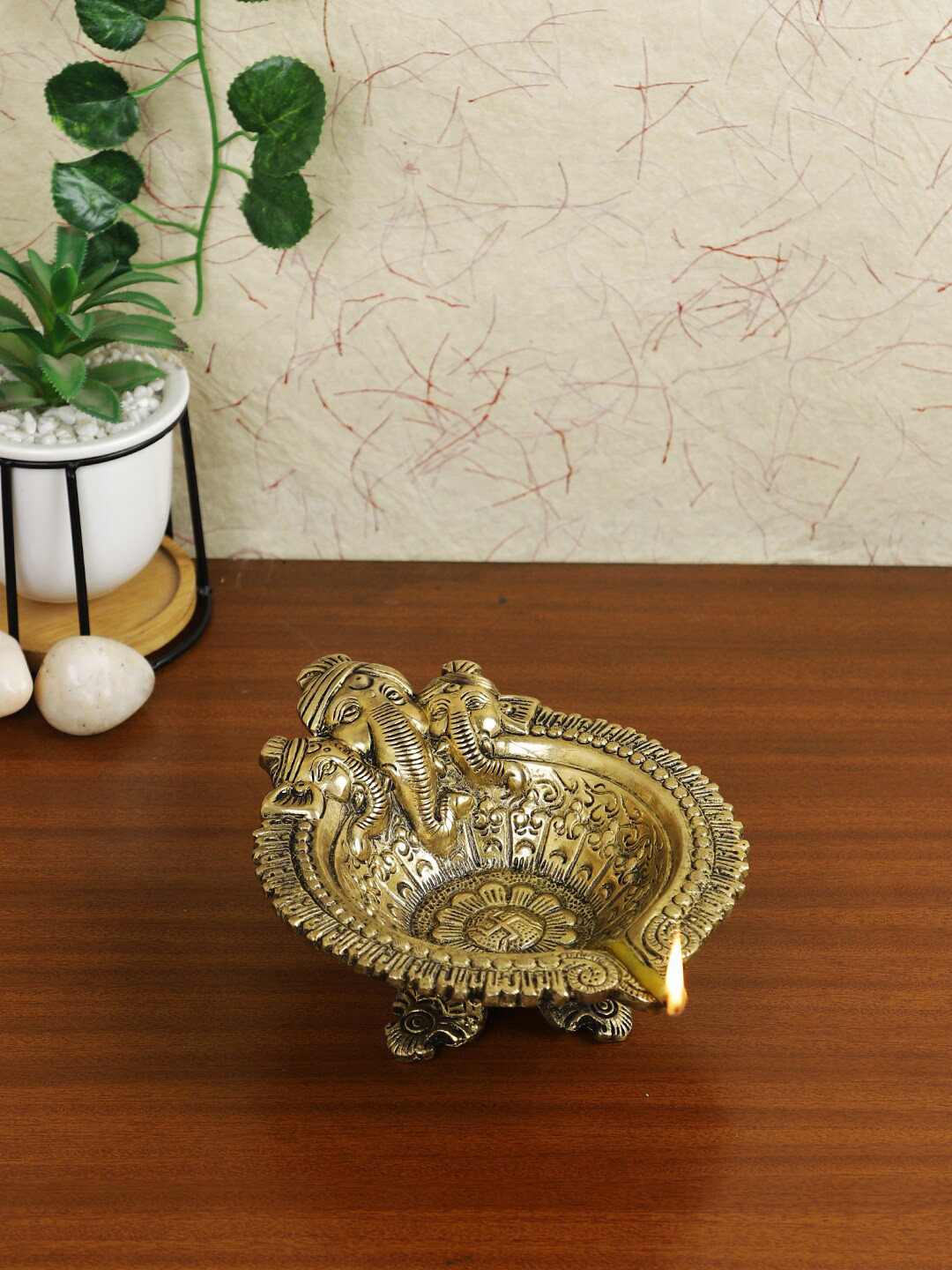 Imli Street Gold-Toned Brass Three Face Ganesh Diya