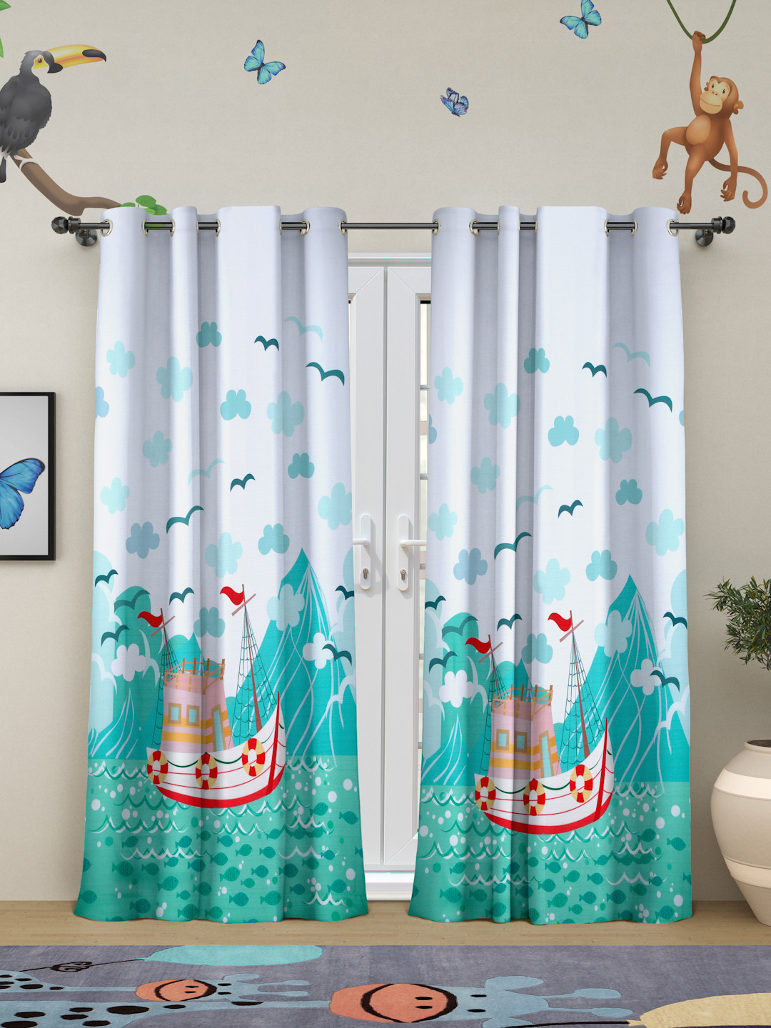 ROSARA HOME White & Green Set of 2 Long Door Curtain Boat Print
