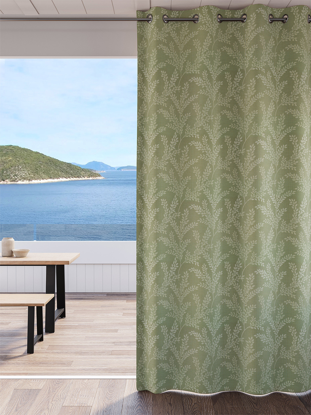 DDecor Green & White Ethnic Motifs Room Darkening Single Door Curtain