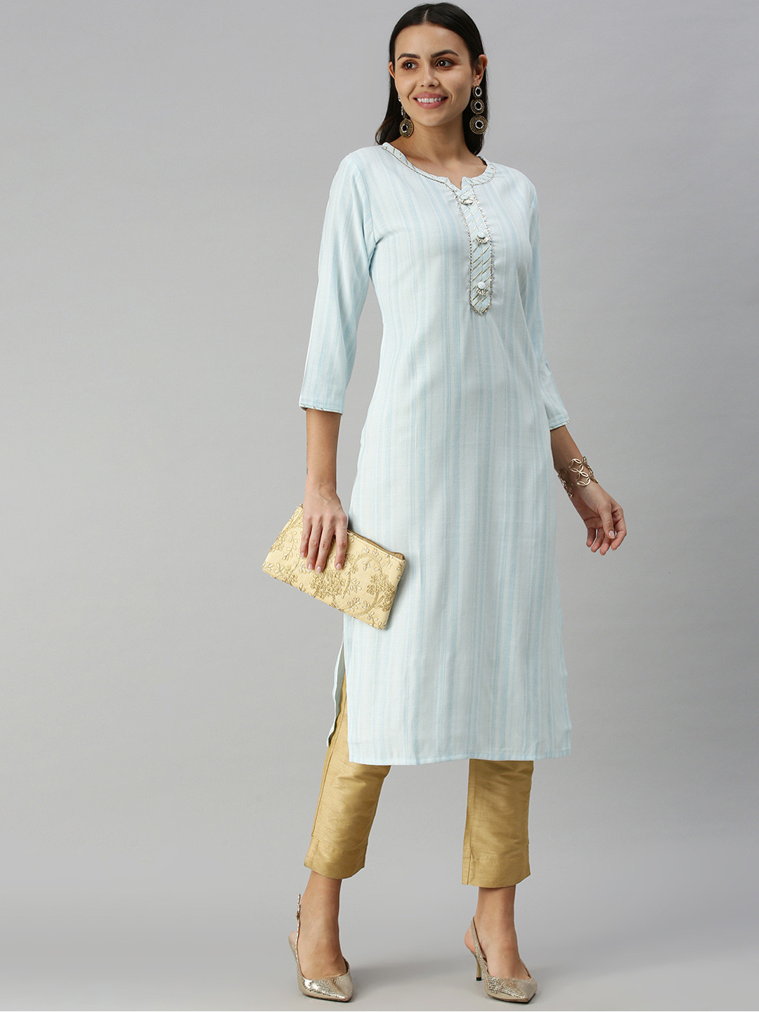SHOWOFF Women Blue Striped Cotton Kurta