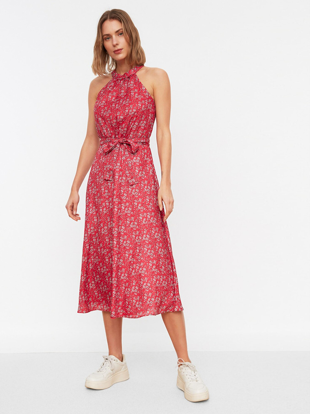 Trendyol Women Red & White Floral Halter Neck A-Line Midi Dress