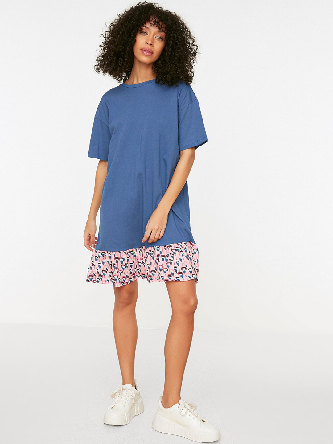 Trendyol Women Navy Blue & Pink Floral Pure Cotton T-shirt Dress