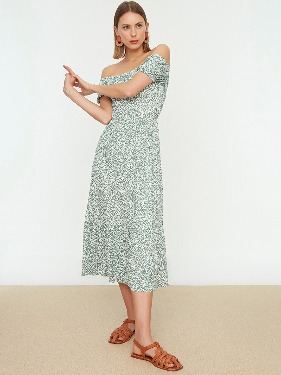 Trendyol Women White & Green Floral Off-Shoulder A-Line Midi Dress