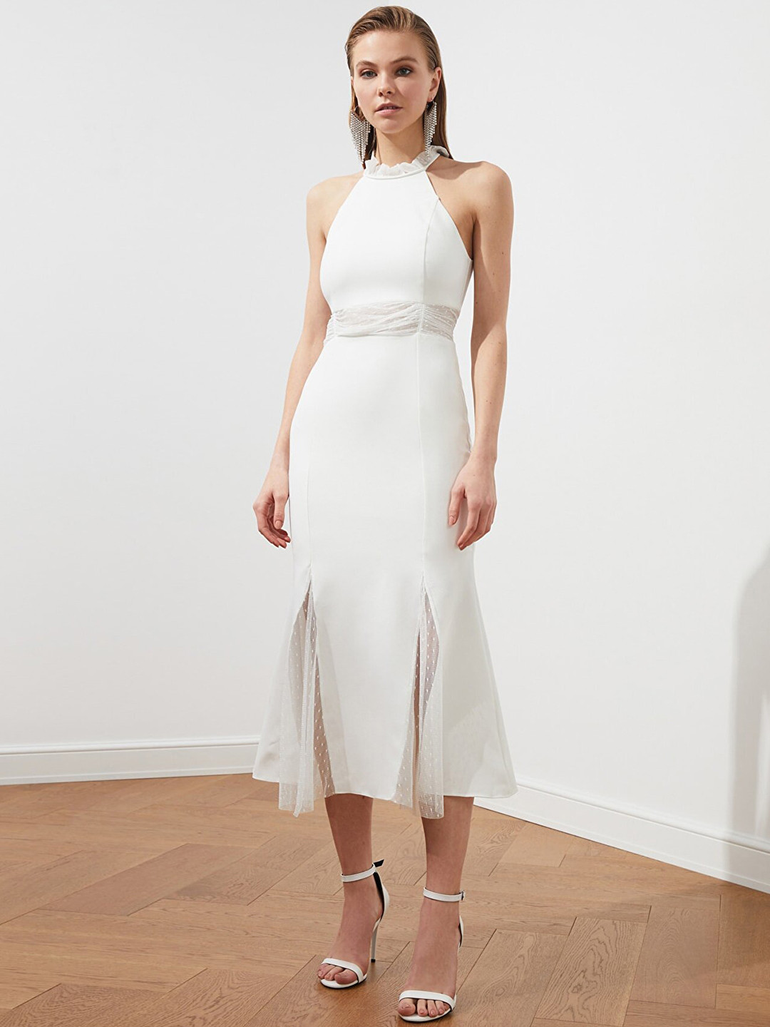 Trendyol Women Off White Halter Neck Lace Inserts A-Line Midi Dress