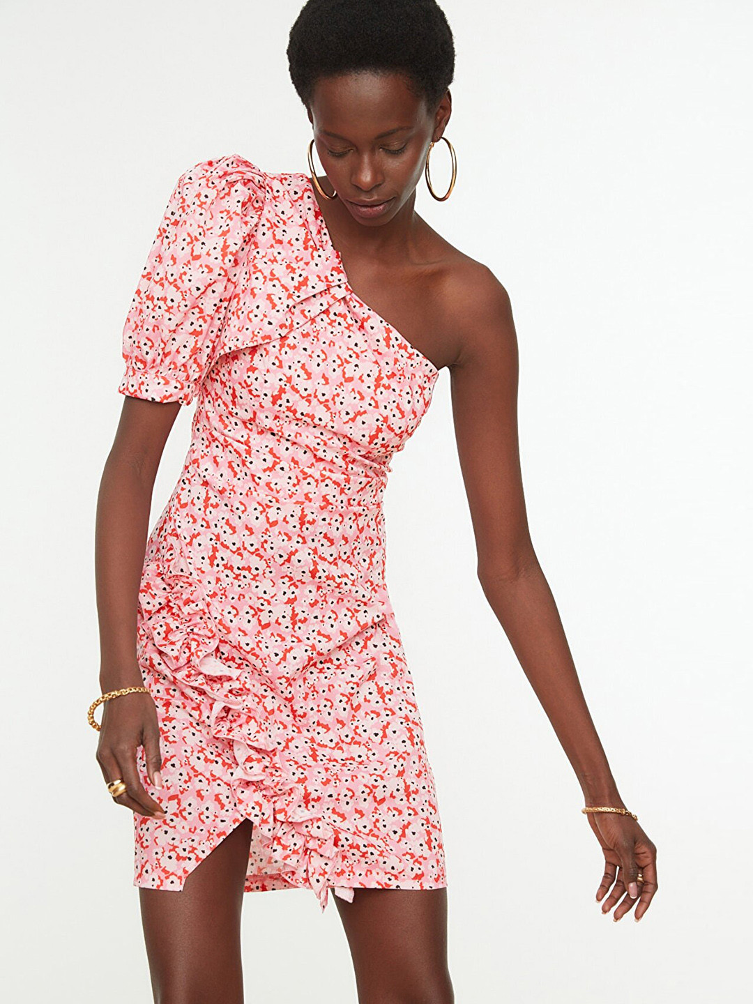 Trendyol Peach-Coloured & Red Floral One Shoulder A-Line Dress