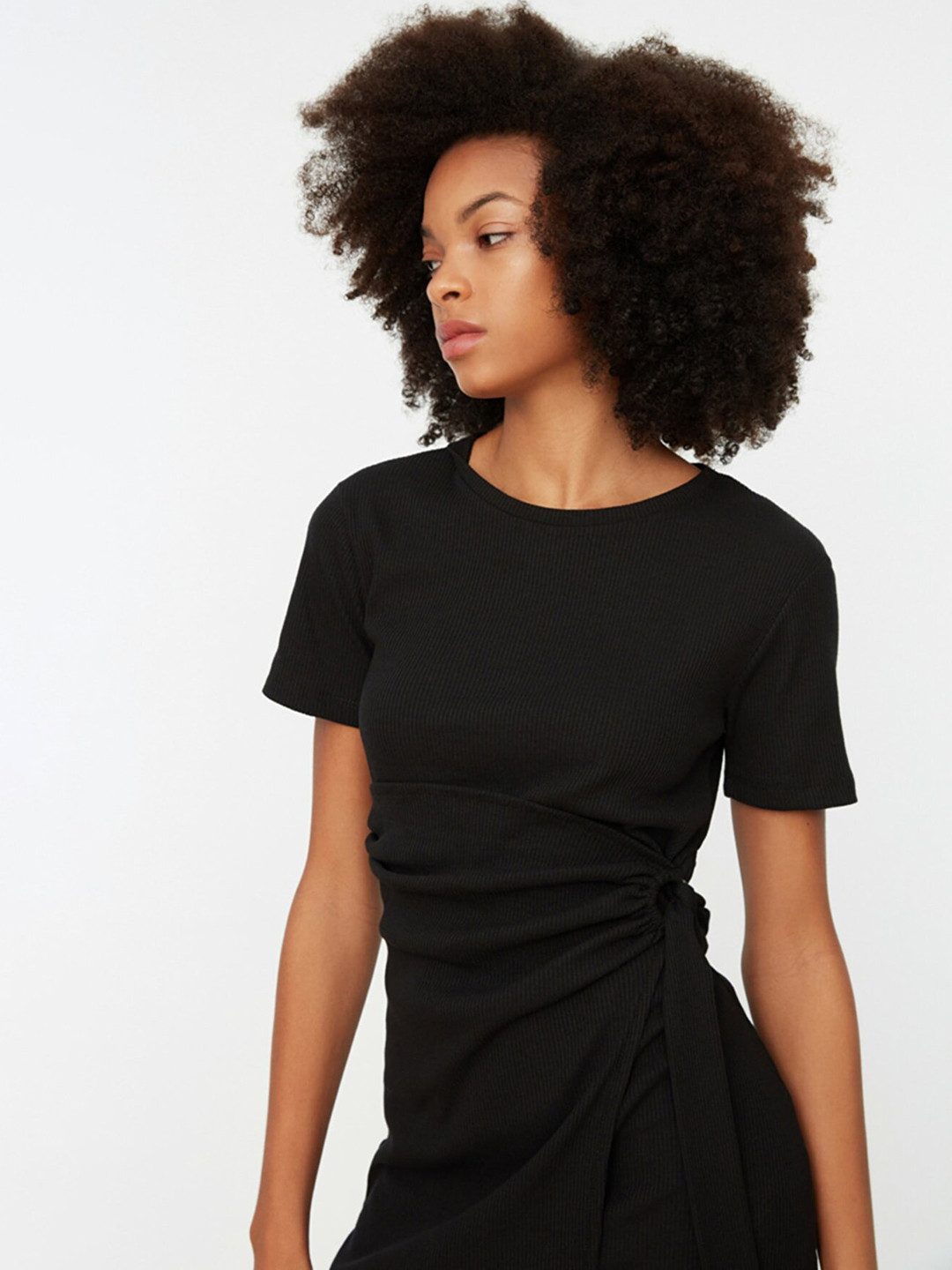 Trendyol Black Belted Ribbed A-Line Dress