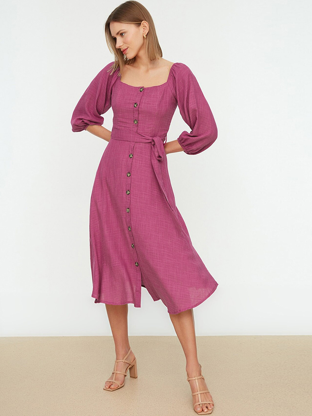 Trendyol Women Magenta Solid A-Line Midi Dress with Belt