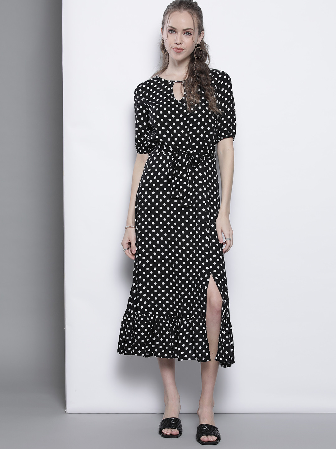 Trendyol Black & White Polka Dot Print Keyhole Neck A-Line Midi Dress