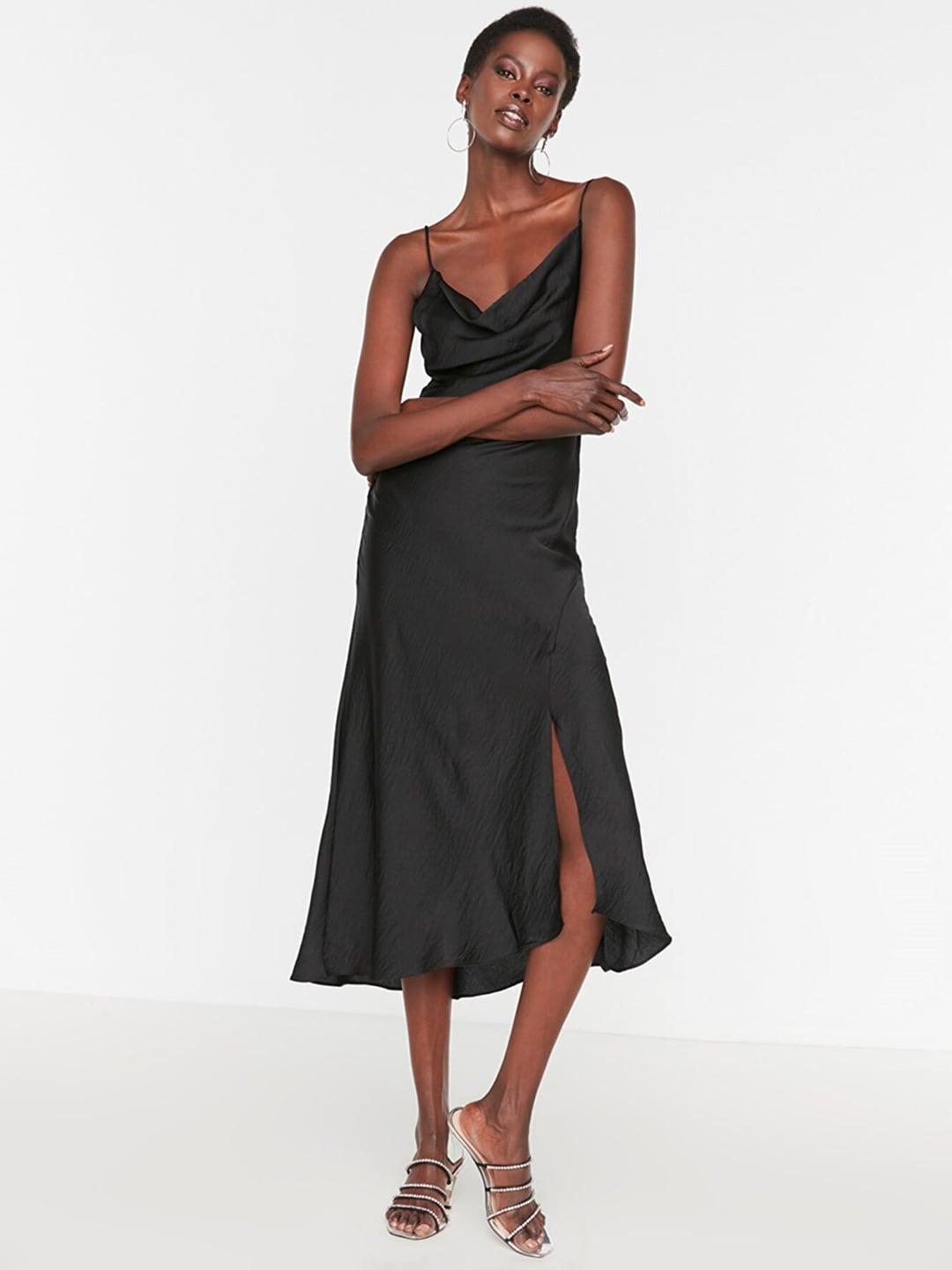 Trendyol Women Black Cowl Neck A-Line Midi Dress