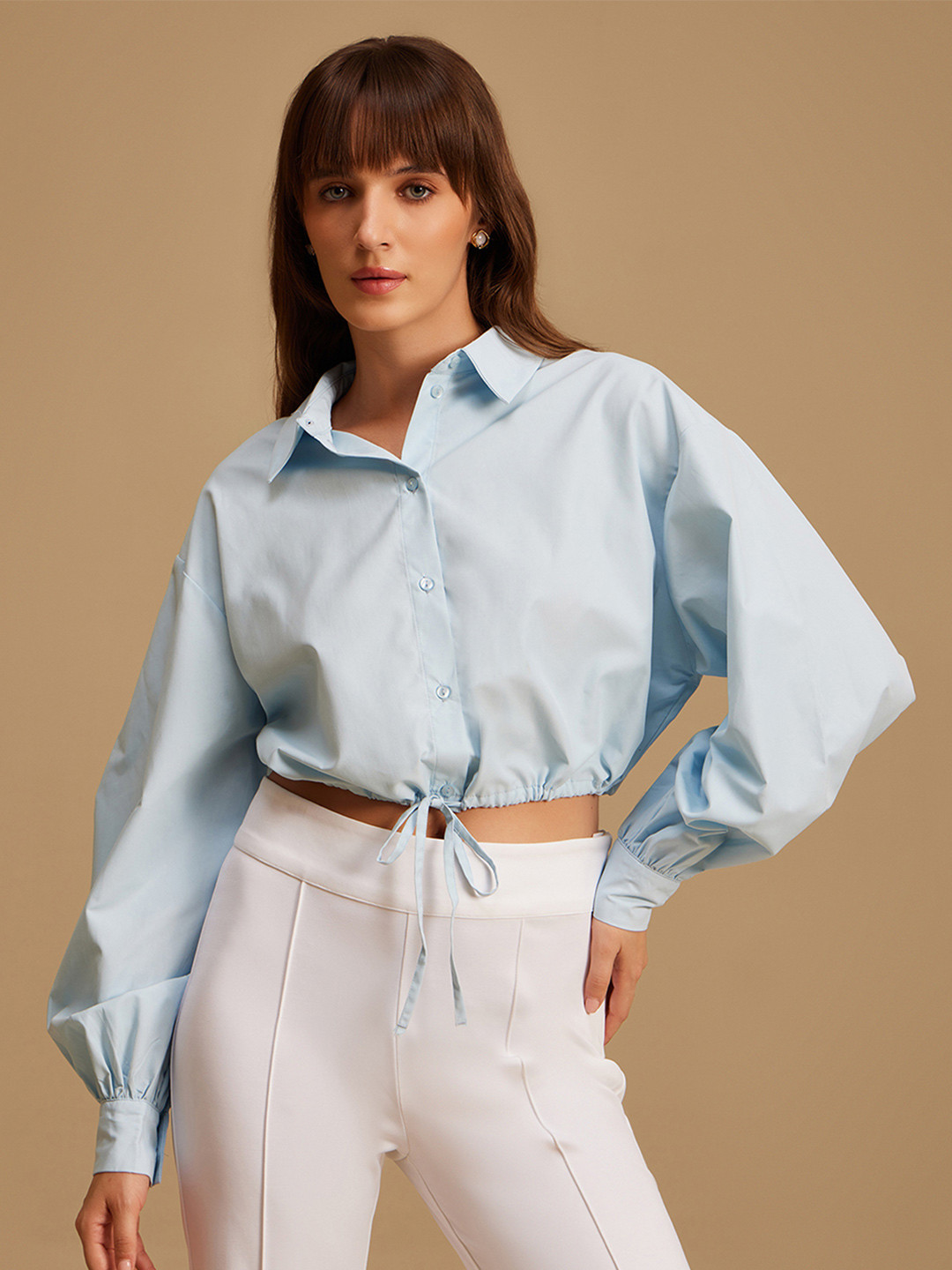 Kazo Women Blue Solid Regular Fit Poly Cotton Crop Shirt