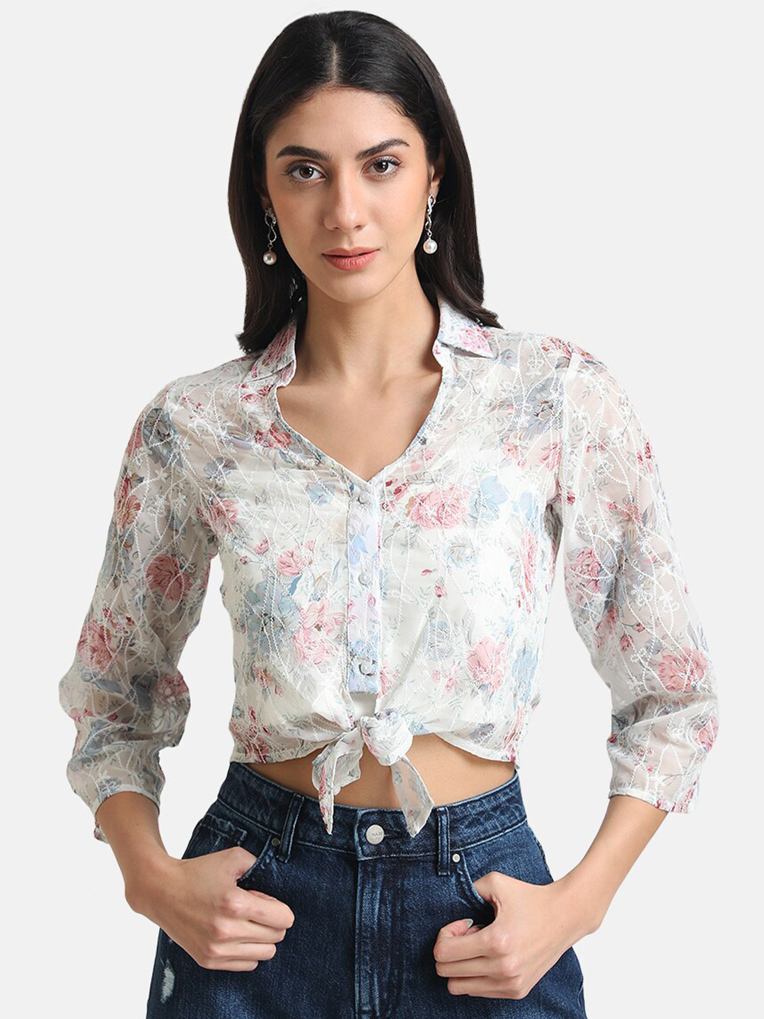 Kazo Women White Floral Printed Casual Shirt