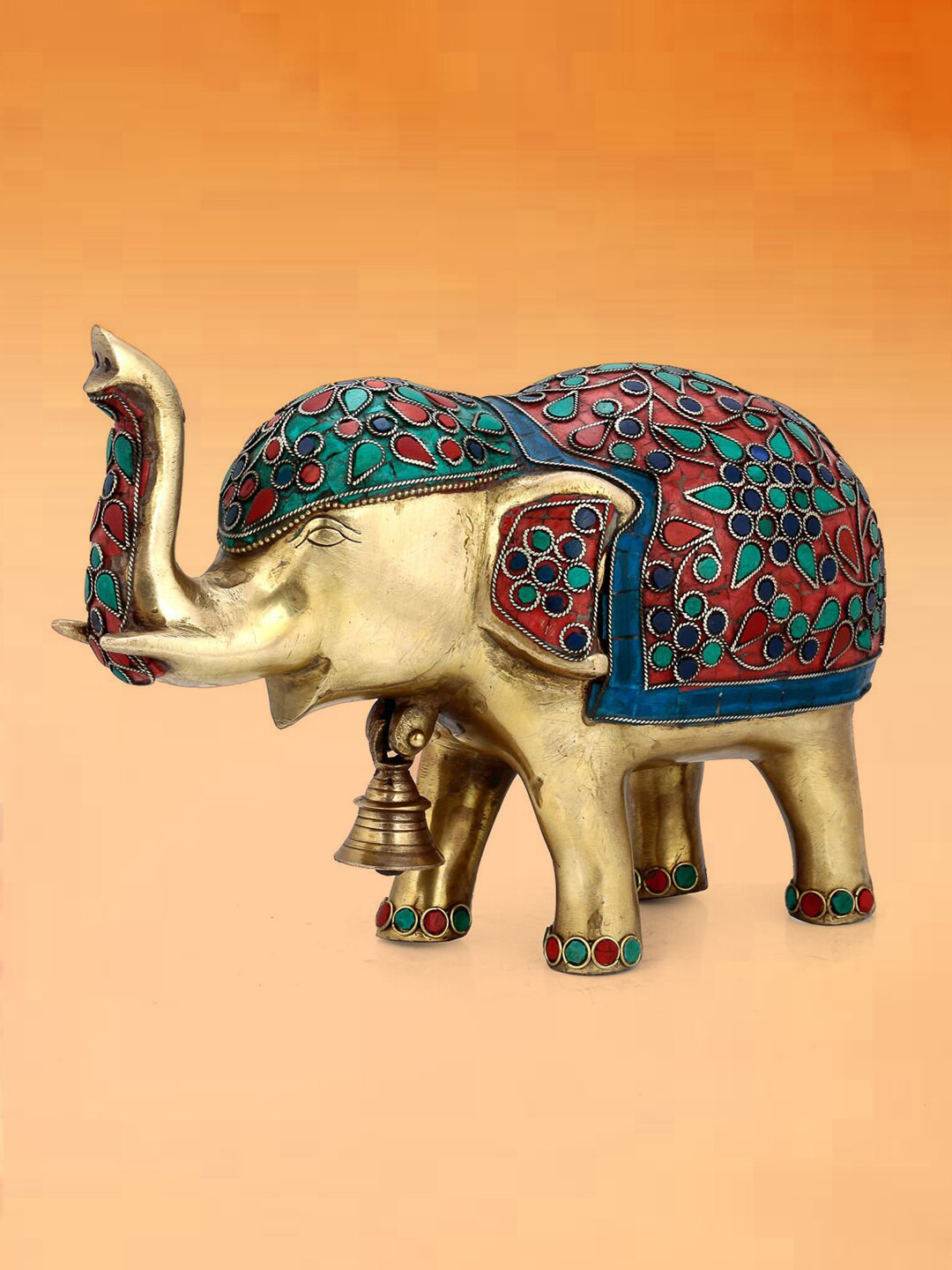 CraftVatika Turquoise Work Elephant Trunk Up Multicoloured Brass Metallic Living Room Medium Showpiece - 7 Inches
