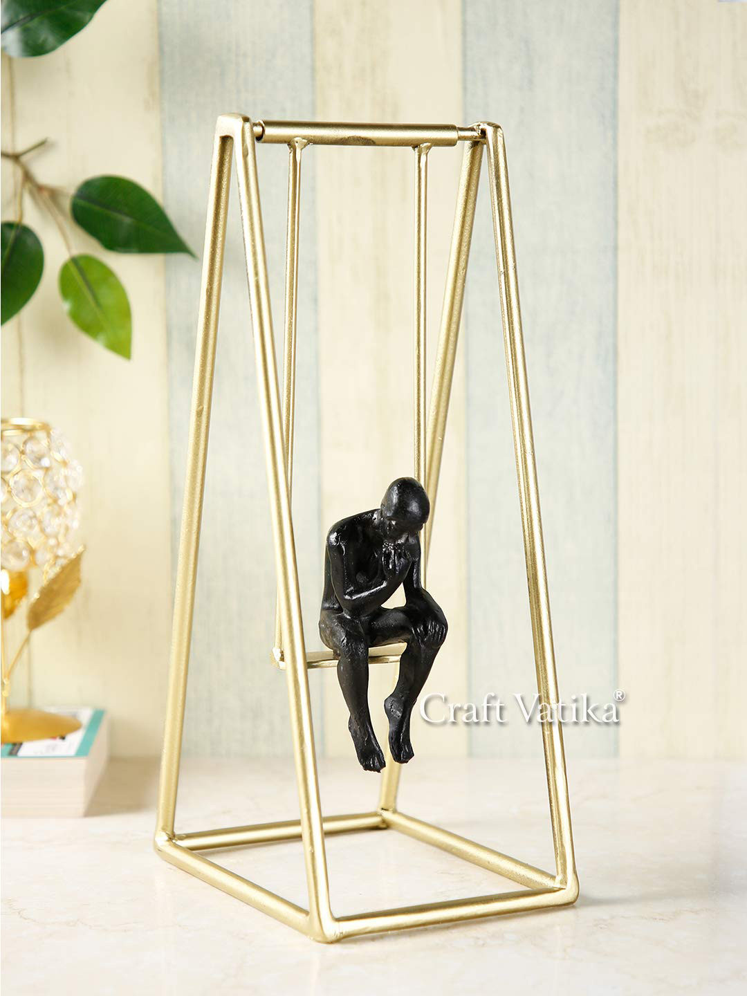 CraftVatika Thinker Man on Swing Black Metal Metallic Living Room Small Showpiece - 6 Inches