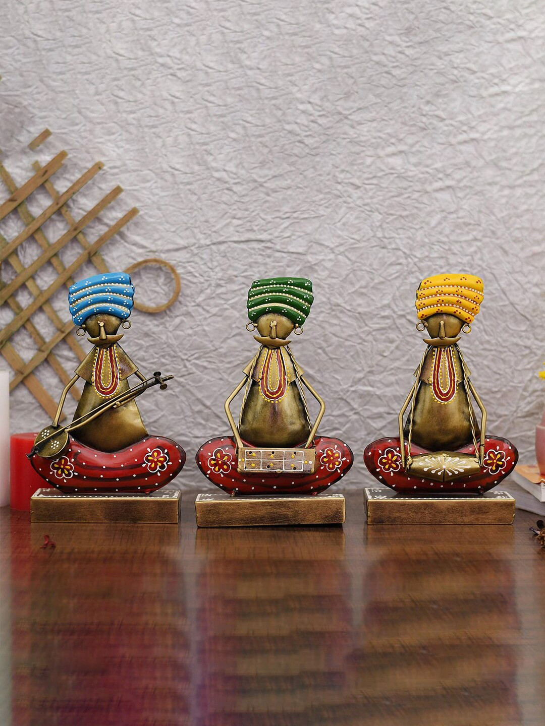 CraftVatika Vintage Wall Mounted Art Sculpture Multicoloured Metal Metallic Living Room Set of 3 Large Showpieces - 11 Inches