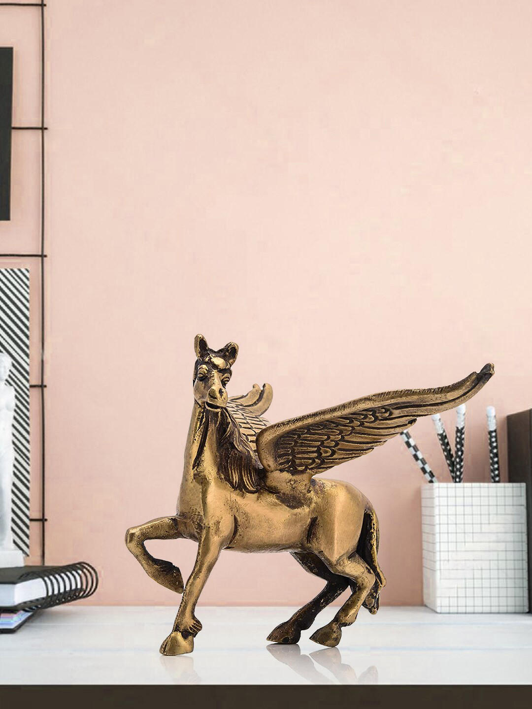 CraftVatika Flying Angel Horse Gold Brass Metallic Living Room Medium Showpiece - 4 Inches