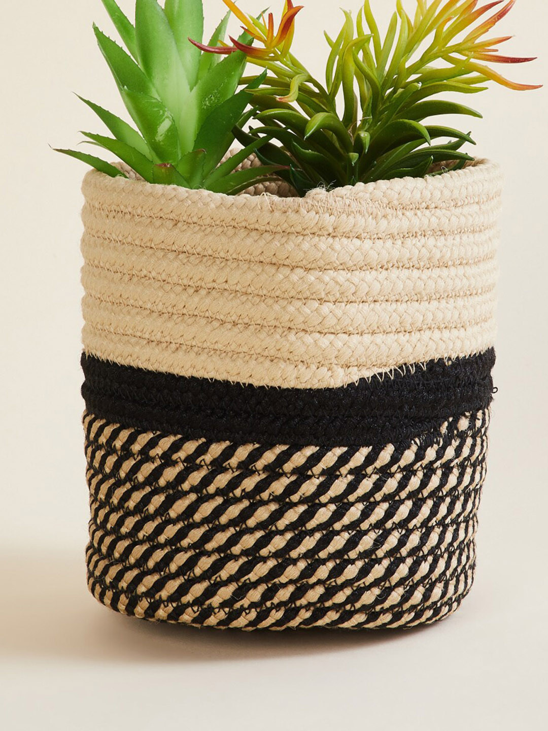Home Centre Black & Beige Braided Polypropylene Floor Planter