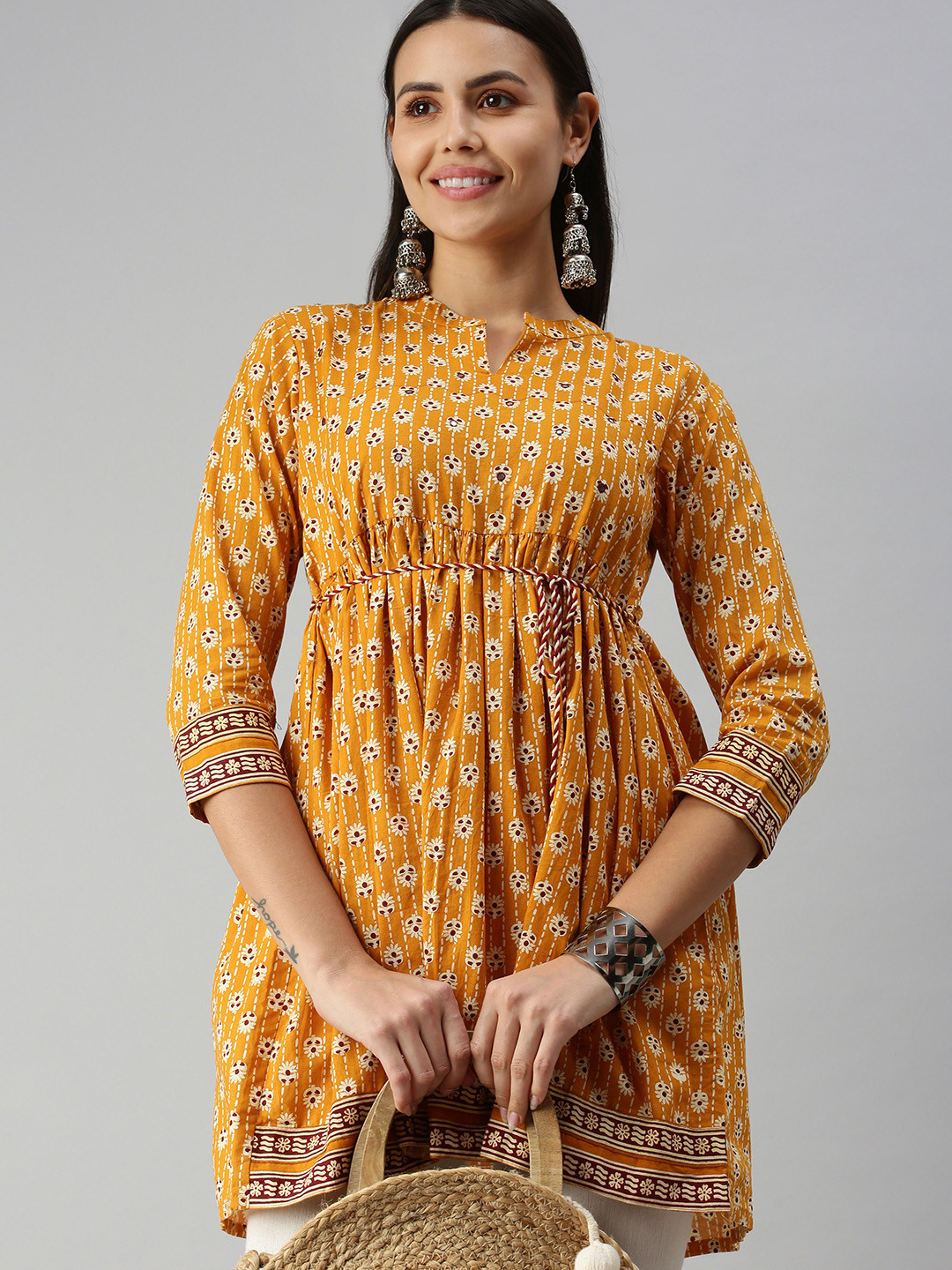 SHOWOFF Mustard Yellow & White Floral Printed Pleated Kurti
