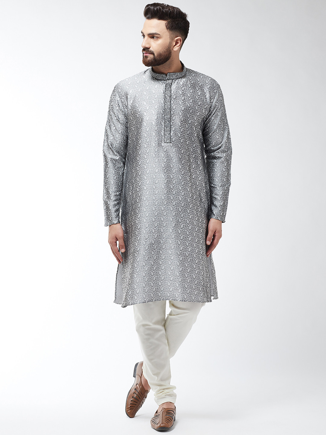 SOJANYA Grey & White Jacquard Kurta Pyjama